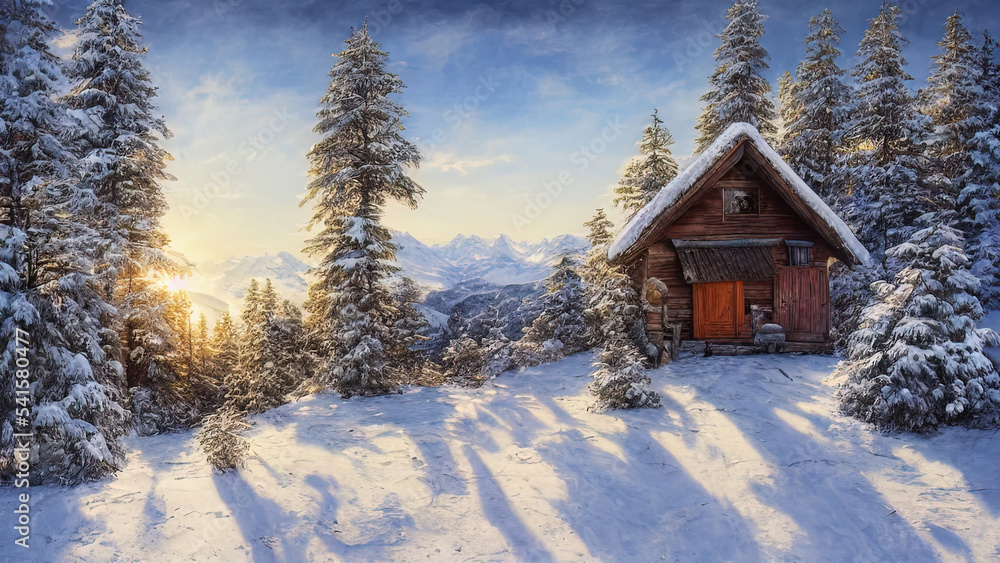 Small old wooden house in winter snowy forest. Sunny winter frosty sunset. Tall firs in the forest. 3D illustration.