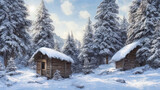 Small old wooden house in winter snowy forest. Sunny winter frosty sunset. Tall firs in the forest. 3D illustration.