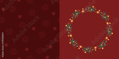 Świąteczna ramka z gałązkami jemioły, jagodami i złotymi gwiazdkami. Okrągła ramka oraz czerwone tło w płatki śniegu do projektów na Boże Narodzenie i Nowy Rok. Dekoracyjne świąteczne elementy.