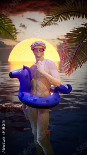 Statue of David by Michelangelo with sunglasses on sea , sunset background with palm trees