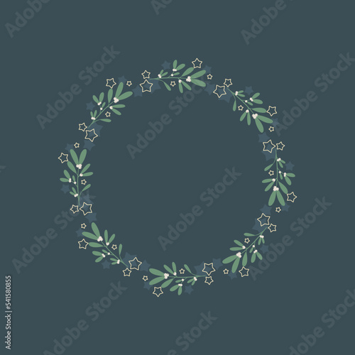 Świąteczna ramka z gałązkami jemioły i gwiazdkami. Okrągła ramka do projektów na Boże Narodzenie i Nowy Rok. Dekoracyjne świąteczne elementy.