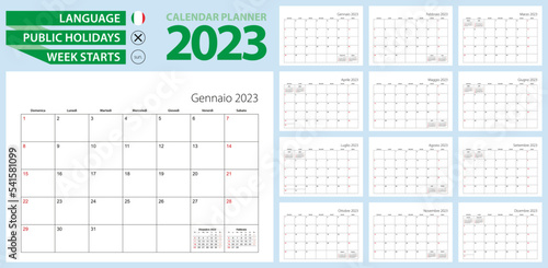 Italian calendar planner for 2023. Italian language, week starts from Sunday.
