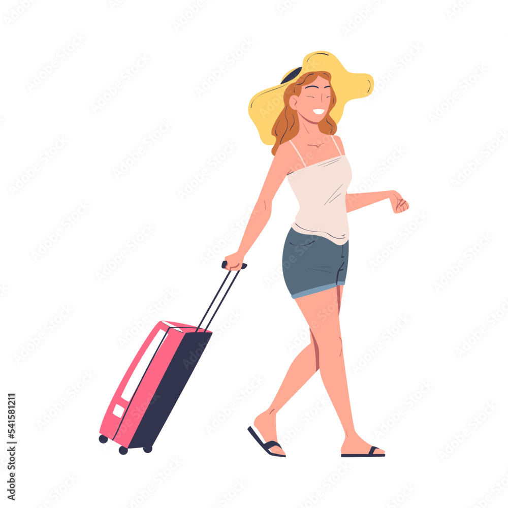 Woman Character in Hat with Suitcase Going on Summer Vacation Having Journey Vector Illustration Woman Character in Hat with Suitcase Going on Summer Vacation Having Journey Vector Illustration