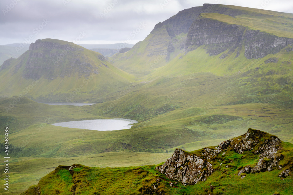Quraing mountain pass and hiking path views, in mid summer,Trotternish,Isle of Skye,Highlands of Scotland,UK.