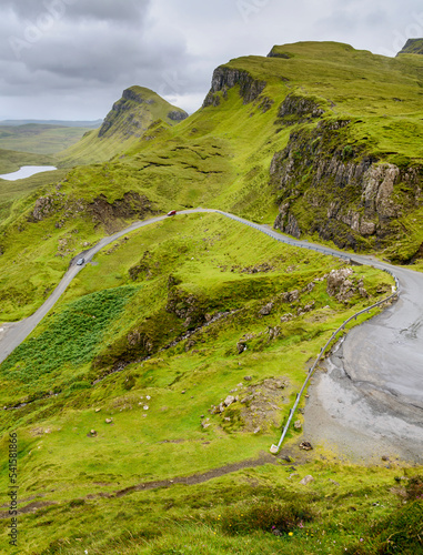 Winding narrow road,heading down the Quraing mountain sides,Totternish,Isle of Skye,Highlands of Scotland,UK. photo