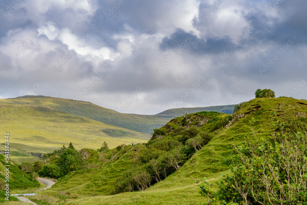 The Fairy Glen,with cone shaped hills and winding paths,summertime,Trotternish,Isle of Skye,Scotland.