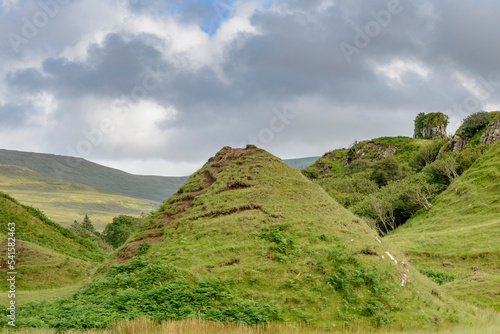 The Fairy Glen,with cone shaped hills and winding paths,summertime,Trotternish,Isle of Skye,Scotland. photo