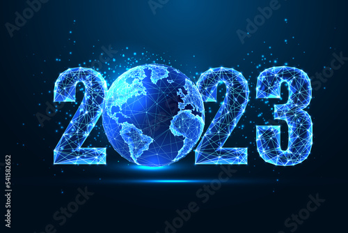 Futuristic 2023 New Year digital web banner with glowing 2023 digits and planet Earth globe on blue