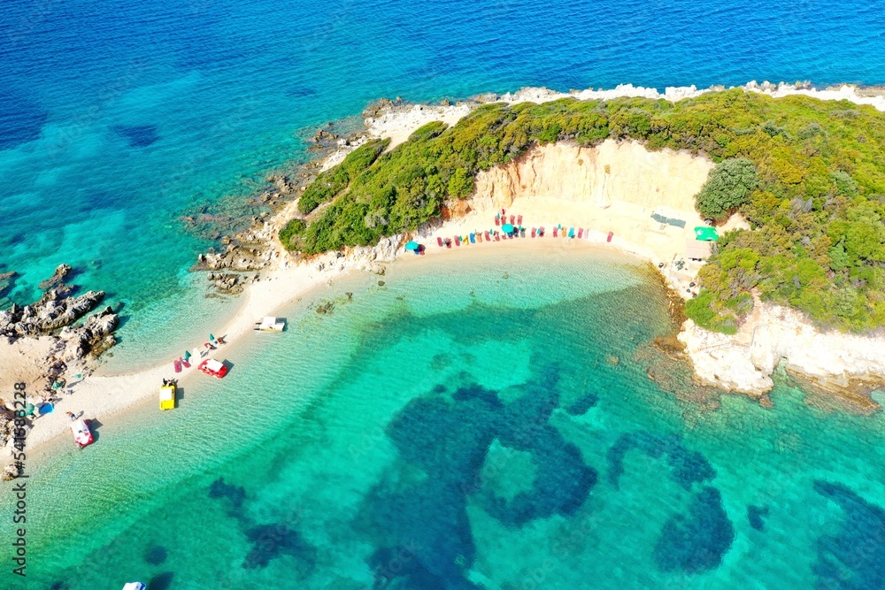 Ksamil beaches. Four islands. The bay. The Tetran Archipelago. Ksamil. Albania. Drone shooting. Aerial photography Ksamil beaches. Four islands. The bay. The Tetran Archipelago. Ksamil. Albania. Drone shooting. Aerial photography