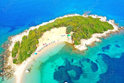 Ksamil beaches. Four islands. The bay. The Tetran Archipelago. Ksamil. Albania. Drone shooting. Aerial photography