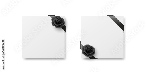 Vector Blank Square Funeral Card, Banner Template, Background with Black Silk Ribbon Corner, Black Rose. Design Template for Card Invitation with Black Silk Ribbon
