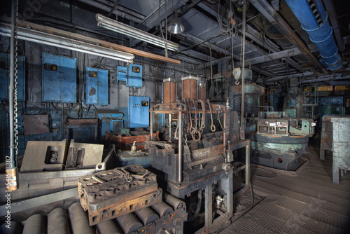 Stopped old production line of cylinder blocks in a bankrupt car factory