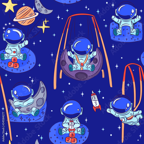 Cute Space cadets. Kid or Baby astronauts playing with space themed toys. Seamless pattern. Great forbids themed fabric, scrap-booking, gift-wrap, wallpaper, product design. Surface design. Vector