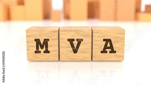Letters MVA chiselled on wooden blocks reflected on the shiny surface. Business concept. In the back are wooden cuboids in many different shapes. (3D rendering)