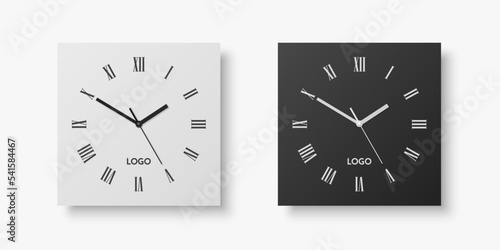 Vector 3d Realistic White, Black Square Wall Office Clock Set, Design Template Isolated on White. Dial with Roman Numerals. Mock-up of Wall Clock for Branding and Advertise Isolated. Clock Face Design
