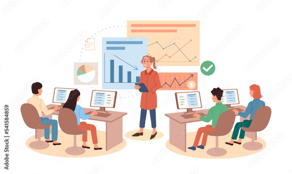 Work process concept. Woman next to graphs and diagrams gives instructions to her subordinates. Businesswoman makes presentation. Organization of effective workflow. Cartoon flat vector illustration