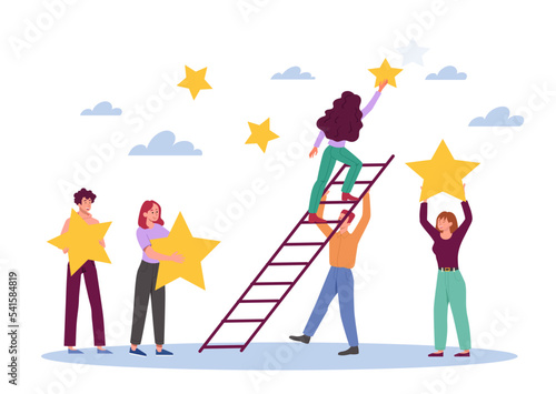 People hold stars. Team helps young girl. Metaphor of partnership, collaboration and cooperation. Colleagues and partners. Goal setting and motivation, ambition. Cartoon flat vector illustration