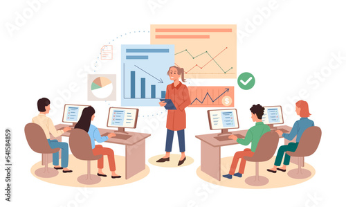 Work process concept. Woman next to graphs and diagrams gives instructions to her subordinates. Businesswoman makes presentation. Organization of effective workflow. Cartoon flat vector illustration