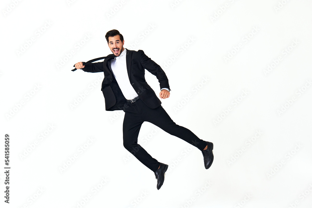 Man business smile with teeth in costume running and jumping up full-length on white isolated background copy space Man business smile with teeth in costume running and jumping up full-length on white isolated background copy space
