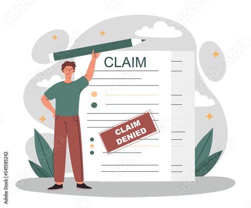 Denied claim concept. Seller didnot agree with criticism of customers. Court and jurisprudence. Man with large pencil stands next to sheet, document. Poster or banner. Cartoon flat vector illustration