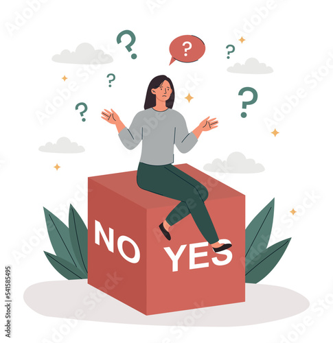 Hard decision concept. Woman sits on large red cube with yes or no signs and text. Thoughtful character, logical thinking. Young girl evaluates arguments and facts. Cartoon flat vector illustration