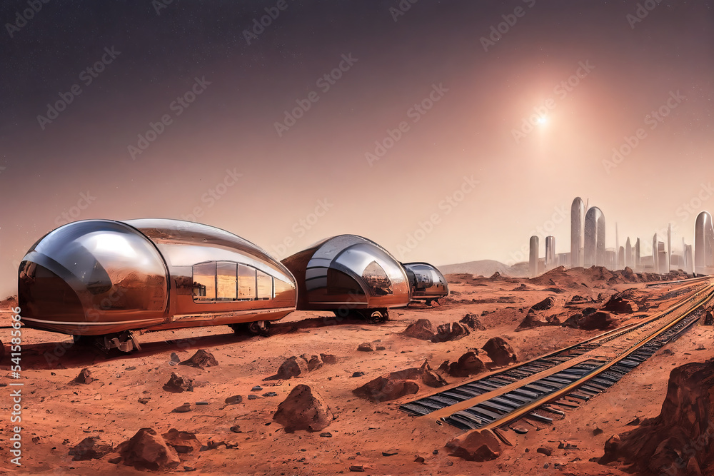 3D render of a Martian colony. Pods for human housing on the of