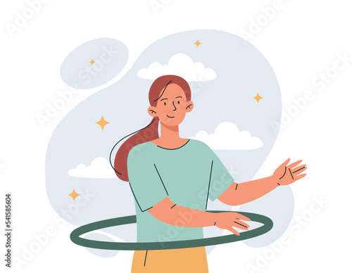 Woman with hula hoop. Hobby and leisure, entertainment and play. Sticker for social networks and messengers. Fat burning, hobby and leisure. Poster or banner. Cartoon flat vector illustration