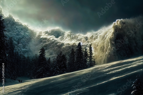 Fotobehang Digital illustration featuring a powerful snow avalanche destroying trees in its path