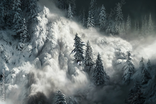 Fotografie, Tablou A powerful snow avalanche destroying trees in its path