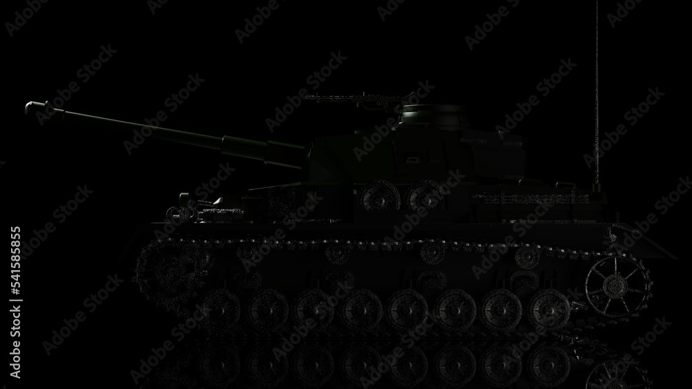 Metallic deep green military tank on black lighting background. Concept image of power strength, dynamic strategy and strong system. 3D illustration. 3D high quality rendering.  