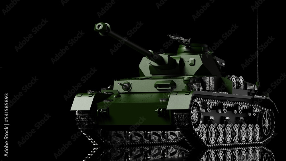 Metallic deep green military tank on black lighting background. Concept image of power strength, dynamic strategy and strong system. 3D illustration. 3D high quality rendering. Metallic deep green military tank on black lighting background. Concept image of power strength, dynamic strategy and strong system. 3D illustration. 3D high quality rendering.