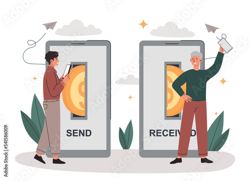 Sending money concept. Man sends coin to his friend through screen of smartphone. Contactless payment and electronic transactions and transfers. Online shopping. Cartoon flat vector illustration
