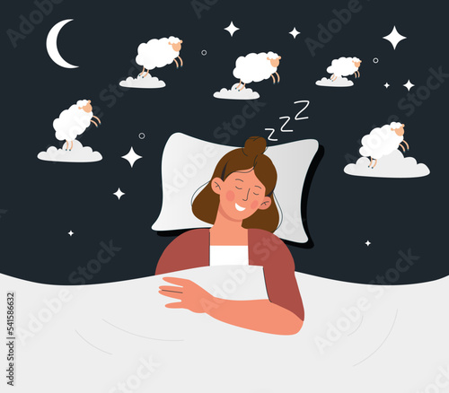 Woman sleeping concept. Young girl lies on pillow, covers herself with blanket and counts sheep. Recuperation and rest. Comfort and coziness in home. Poster or banner. Cartoon flat vector illustration