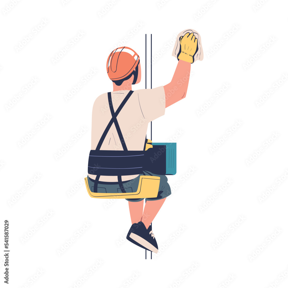 Man Working at Height Wiping Window Suspended on Rope and Hanging with Harness Engaged in Industrial Climbing Vector Illustration