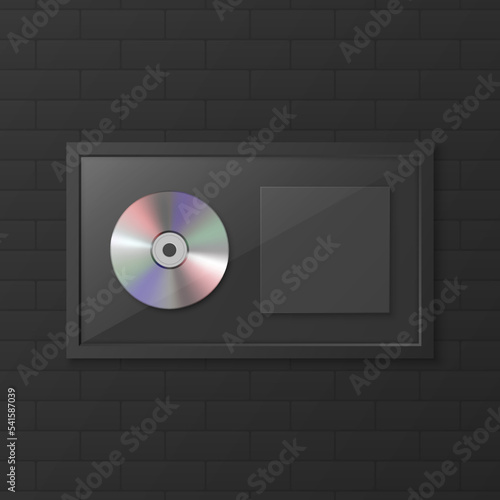 Realistic Vector 3d YCD, Label with Black CD Cover Frame on Black Brick Wall Background. Single Album Compact Disc Award, Limited Edition. CD Design Template