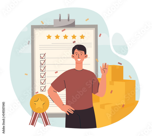 Product quality concept. Man evaluates goods or service. Award, modern method of marketing, feedback. Rating and ranking, young controller. Poster or banner. Cartoon flat vector illustration