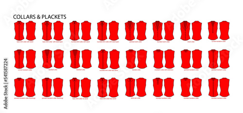 Set of necklines of collars and plackets for clothes tops, shirts, blouses technical fashion illustration with fitted body. Flat apparel template front, back sides. Women, men unisex CAD mockup