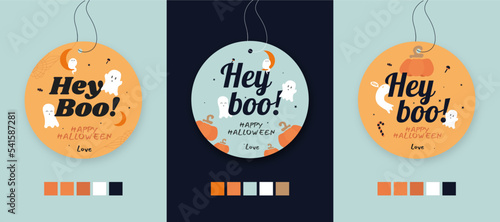 Three tags for halloween. Vector Hey boo! KIDS design Circle