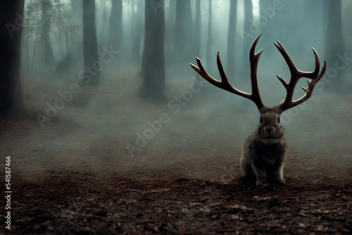 Foto Photo of a Jackalope - A bunny rabbit with antlers, cross between jackrabbit and