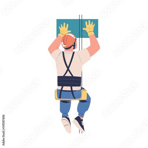 Man Working at Height Suspended on Rope and Hanging with Harness Engaged in Industrial Climbing Vector Illustration