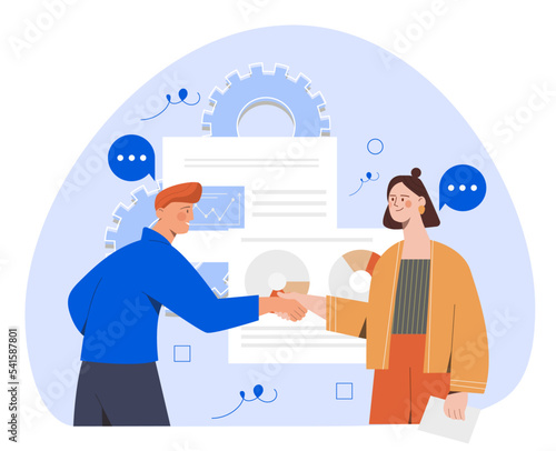 Business meeting concept. Man and woman shake hands next to graphs and diagrams. Cooperation and collaboration. Characters make deal, successful negotiations. Cartoon flat vector illustration
