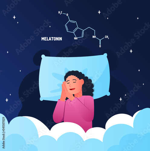 Calm woman sleeping in bed. Woman lies on pillow against background of starry sky and melatonin formula. Healthy lifestyle, routine and regimen. Recuperation and rest. Cartoon flat vector illustration