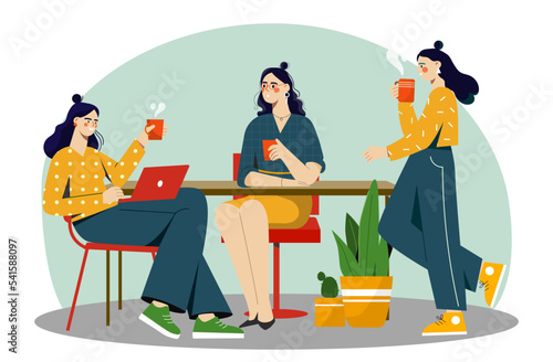 Coffee break concept. Women with mugs of hot drinks near table. Workers and colleagues resting. Girlfriends chat in cafe or restaurant. Poster or banner for website. Cartoon flat vector illustration