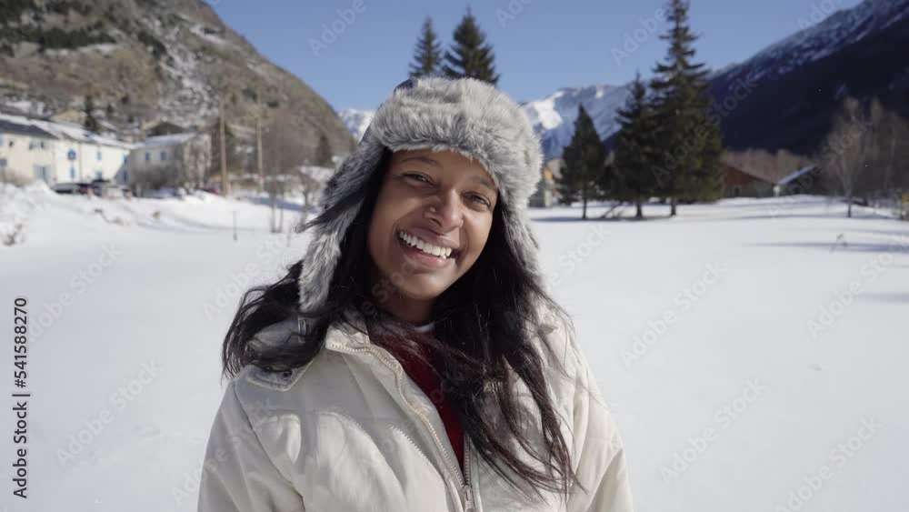 Happy woman having fun in a winter mountains valley. Snowy landscape in the forest. High quality 4k footage Happy woman having fun in a winter mountains valley. Snowy landscape in the forest. High quality 4k footage