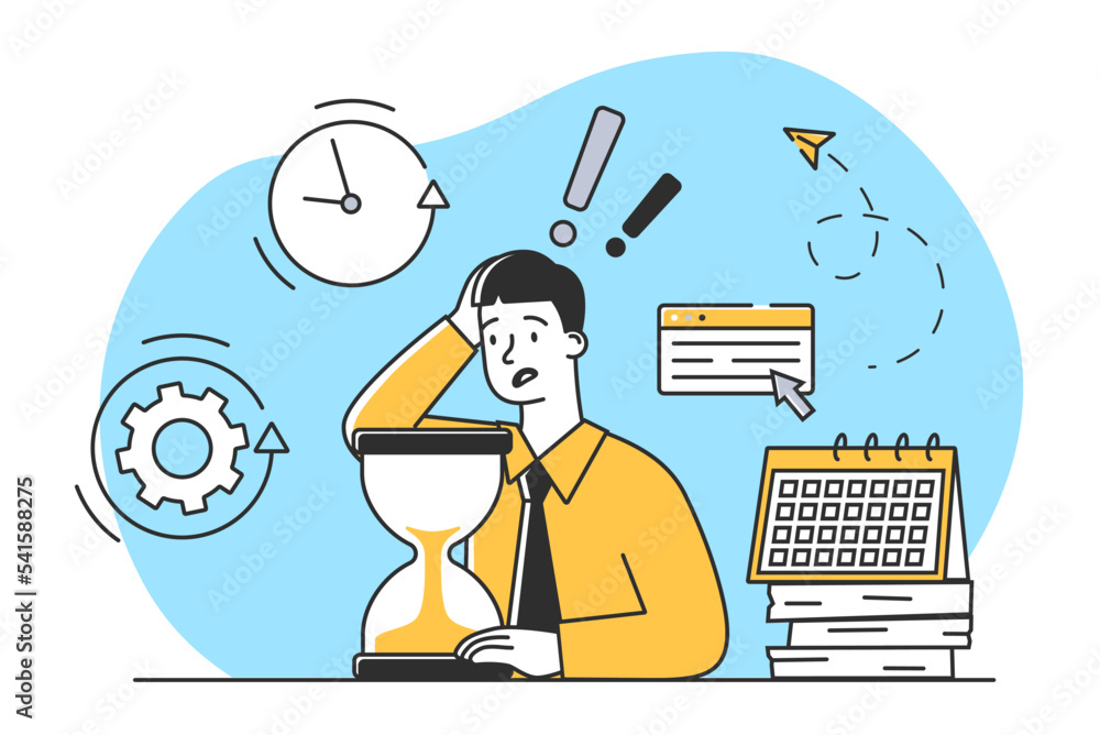 Deadline at work. Man in panic tries to have time to complete tasks. Poor time management and inefficient workflow. Pressure and stress. Psychological problems. Cartoon flat vector illustration Deadline at work. Man in panic tries to have time to complete tasks. Poor time management and inefficient workflow. Pressure and stress. Psychological problems. Cartoon flat vector illustration