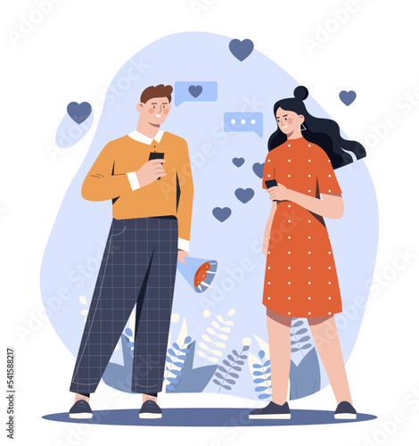 Romantic date concept. Man and woman communicate in smartphones, chat in social networks and instant messengers. Dating app, modern technology. Young couple outdoor. Cartoon flat vector illustration