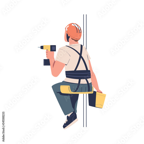 Man Working at Height with Drill Suspended on Rope and Hanging with Harness Engaged in Industrial Climbing Vector Illustration