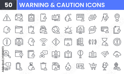 Warning and Caution vector line icon set. Contains linear outline icons like Warn, Alert, Attention, Error, Important, Problem, Exclamation, Information, Notification. Editable use and stroke