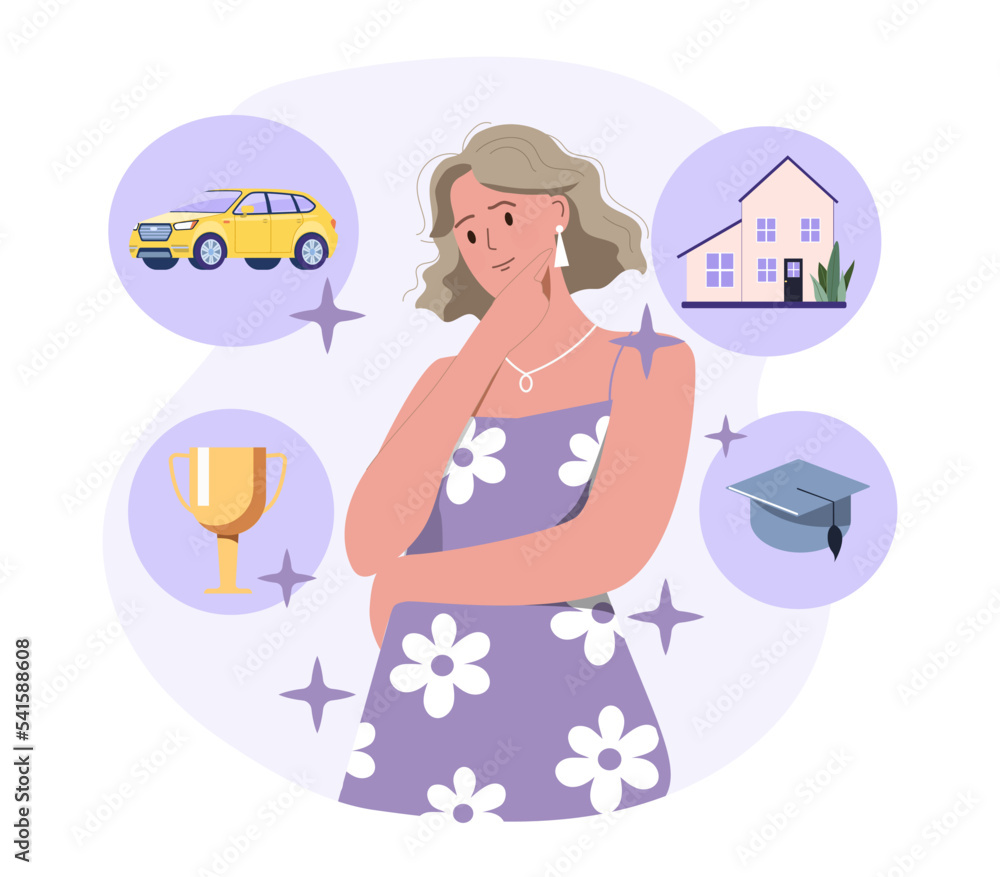 Woman with dreams. Young girl wants to finish her studies, get award and earn money for car and house. List of social and economic needs of adult. Poster or banner. Cartoon flat vector illustration Woman with dreams. Young girl wants to finish her studies, get award and earn money for car and house. List of social and economic needs of adult. Poster or banner. Cartoon flat vector illustration