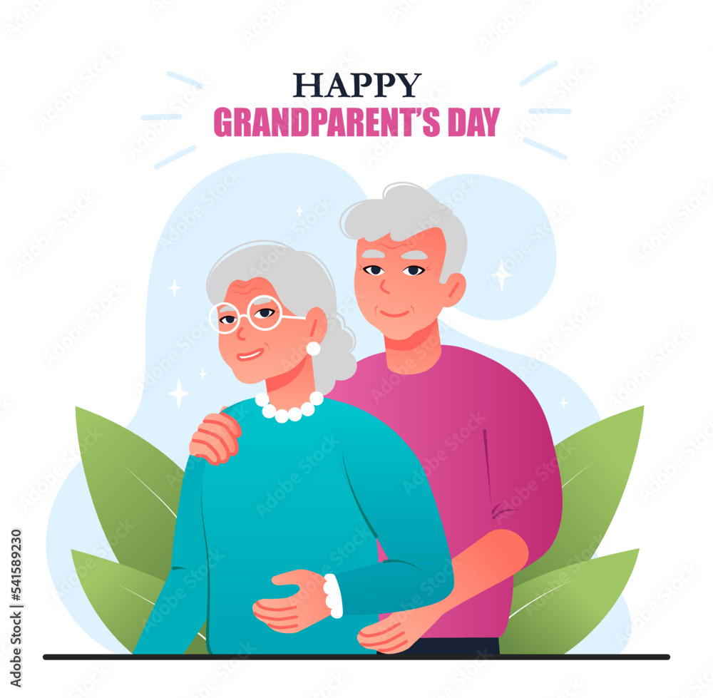 Happy grandparents day. Design for greeting postcard. Grandfather hugs grandmother, love and care, strong relationship and family. International holiday and festival. Cartoon flat vector illustration Happy grandparents day. Design for greeting postcard. Grandfather hugs grandmother, love and care, strong relationship and family. International holiday and festival. Cartoon flat vector illustration